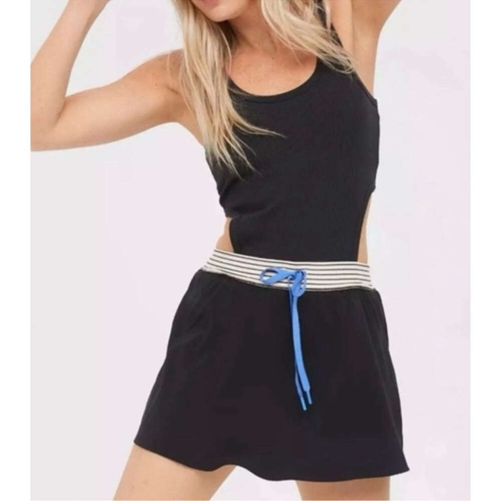 Black Sleeveless Dress with Blue Waist Tie